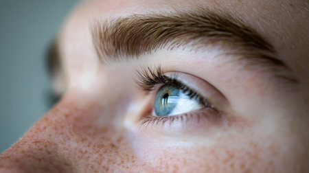 A captivating close-up image of a blue eye adorned with long eyelashes and freckles on the skin, highlighting detail and uniqueness.の素材