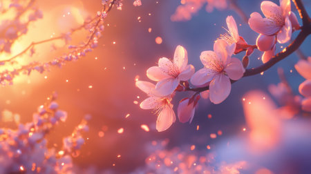 Experience the enchanting beauty of cherry blossoms illuminated by a soft sunset glow. This image captures the delicate petals and sparkling atmosphere, evoking serenity and tranquility.の素材