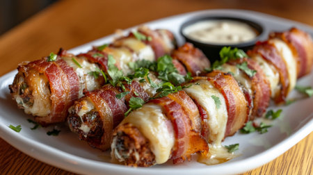 Savor the flavor of this indulgent bacon-wrapped appetizer, beautifully garnished with fresh herbs, perfect for any gathering or special occasion.の素材