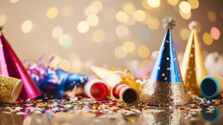 A vibrant arrangement of colorful party hats and confetti creates a joyful festive atmosphere. Perfect for celebrations and event planning, this image captures the essence of fun.の素材