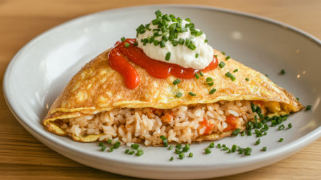 Enjoy a fluffy omelette filled with flavorful rice, topped with rich sauce and fresh herbs. Perfect for breakfast or brunch, this dish pleases every palate.の素材