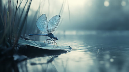 A serene dragonfly rests on a leaf by a mist-covered water surface, capturing the tranquil beauty of nature in the morning light, showcasing delicate features.の素材