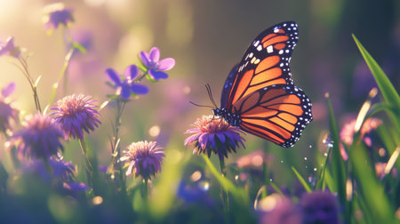 A majestic monarch butterfly gracefully perches on vibrant wildflowers in a sunlit meadow. This serene scene captures the beauty of nature and the delicate balance of wildlife.の素材