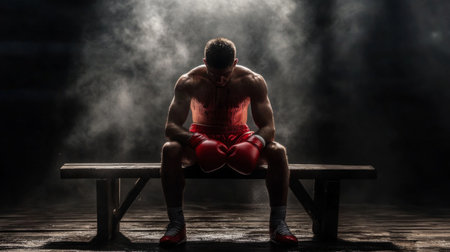 A solitary boxer sits on a bench, deep in thought and preparation before an intense match. The smoky atmosphere accentuates his focus and dedication.の素材