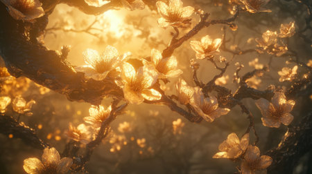 A mesmerizing scene of golden blossoms illuminated by soft sunlight creates a serene atmosphere in this enchanted forest. Perfect for nature lovers.の素材