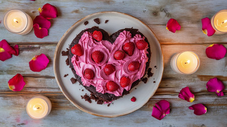 A delightful heart-shaped chocolate cake topped with pink frosting and fresh raspberries, surrounded by rose petals and glowing candles, perfect for romantic celebrations.の素材