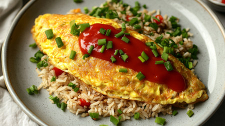 A mouthwatering omelette topped with ketchup and fresh green onions, served on a bed of rice. Perfect for breakfast, lunch, or dinner. Enjoy this flavorful and nutritious dish!の素材