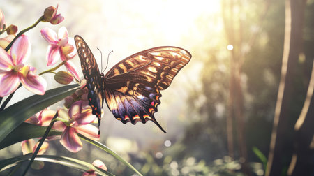 A stunning butterfly rests on bright orchid flowers, creating a serene scene. The interplay of colors and sunlight showcases the beauty of nature's wonders.の素材