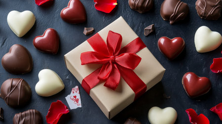 A beautifully wrapped gift box with a red ribbon sits among assorted chocolate treats, including heart-shaped options, perfect for celebrations or romantic occasions.の素材