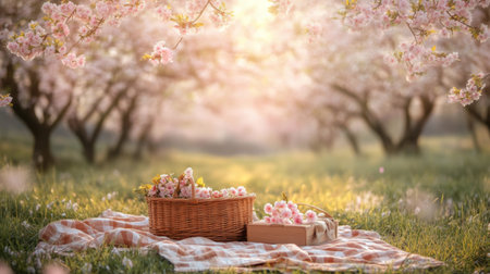 A tranquil picnic scene featuring a wicker basket and pastel flowers under blooming cherry blossom trees. The soft light enhances the serene atmosphere.の素材