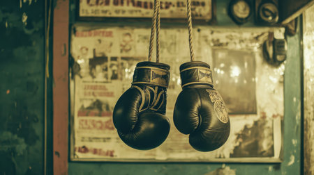 A pair of vintage boxing gloves hang by rope in an old gym, surrounded by nostalgic posters, capturing the spirit of sport and dedication in fitness training.の素材
