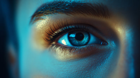 This stunning close-up captures a human eye with vivid blue iris and intricate details, showcasing beauty and emotion in a striking macro perspective.の素材