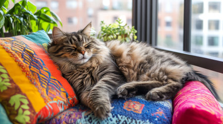 A serene tabby cat lounges gracefully on a colorful couch, basking in natural light and surrounded by lush houseplants, creating a cozy indoor atmosphere.の素材
