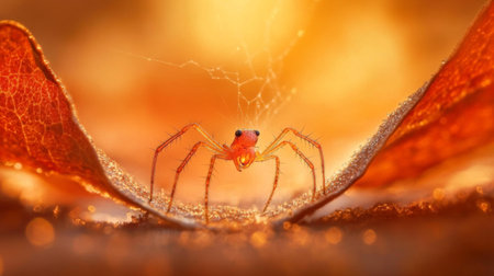 A stunning close-up of a tiny spider perched on a leaf, illuminated by golden sunlight. The intricate web adds beauty to this serene moment in nature.の素材