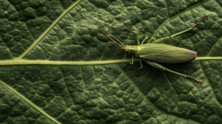 A detailed macro shot featuring a green grasshopper resting on a textured leaf, highlighting the intricate patterns and vibrant colors of both the insect and foliage.の素材