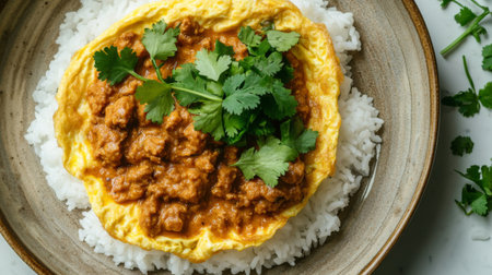 A delightful dish featuring a savory omelette topped with spicy meat sauce, served over fluffy white rice and garnished with fresh coriander leaves.の素材