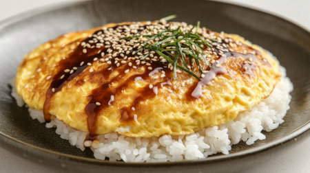 A delectable Japanese omelette served on a bed of fluffy rice, drizzled with savory soy sauce and topped with sesame seeds, perfect for any meal.の素材