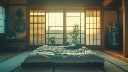 Experience the tranquility of a minimalist Japanese bedroom bathed in natural light. The simple decor and calming colors create a peaceful retreat, ideal for relaxation.の素材