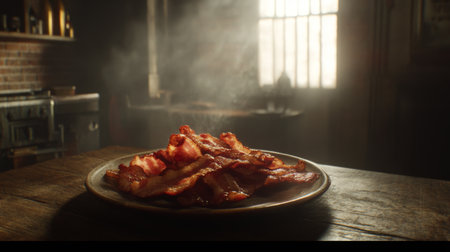 A tantalizing plate of crispy bacon sits on a rustic wooden table, emitting savory steam in a warmly lit kitchen, perfect for breakfast or indulgent snacking.の素材