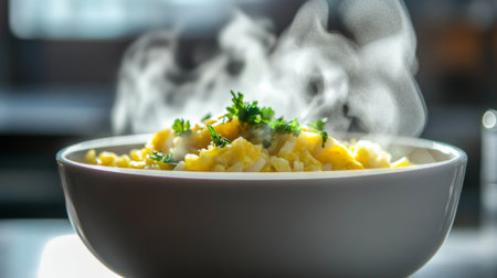 A steaming bowl of freshly cooked rice garnished with green herbs, showcasing warmth and comfort, perfect for a delicious vegetarian meal or side dish.の素材