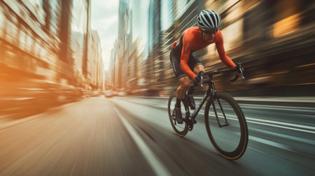A dynamic image of a cyclist racing through a busy urban landscape, capturing the essence of speed and athleticism in a vibrant city scene.の素材