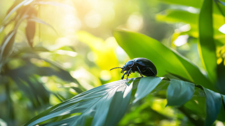 A detailed close-up of a beetle resting on a vibrant green leaf, illuminated by warm sunlight, capturing the essence of natureの素材