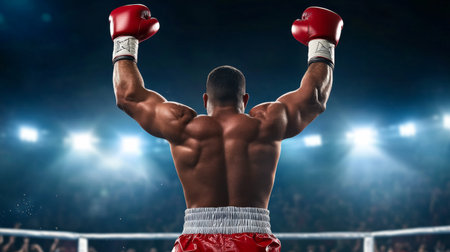 A powerful boxer celebrates a hard-fought victory in the ring, raising his arms triumphantly. The atmosphere is electric with a cheering crowd, capturing the essence of sportsmanship and achievement.の素材