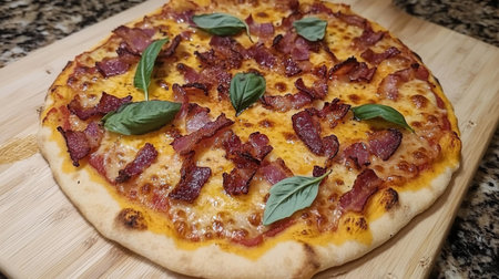A tempting freshly baked pizza topped with crispy bacon and fresh basil leaves on a wooden board, perfect for gatherings or a cozy meal at home.の素材