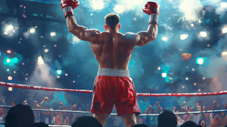 A powerful boxer stands triumphant in the ring, celebrating a hard-fought victory amidst dazzling lights and a cheering crowd, embodying strength and determination.の素材