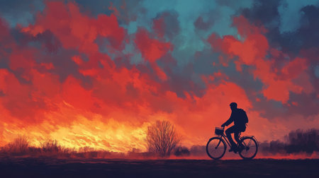 A striking silhouette of a cyclist rides against a vibrant sunset sky filled with dynamic clouds. This scene captures a moment of peace and exploration in nature.の素材