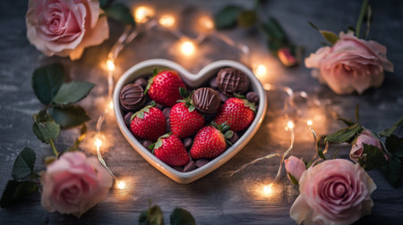 A heart-shaped bowl filled with fresh strawberries and chocolate treats, surrounded by pink roses and warm lights, creating a romantic and inviting atmosphere.の素材