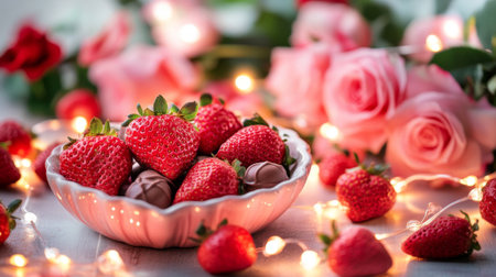 A charming arrangement of fresh strawberries and pink roses, enhanced by enchanting fairy lights, perfect for romantic occasions, celebrations, or festive gatherings.の素材