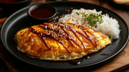 Indulge in this mouth-watering omelette served with fluffy rice and drizzled with rich sauce, perfect for any meal occasion and beautifully plated.の素材