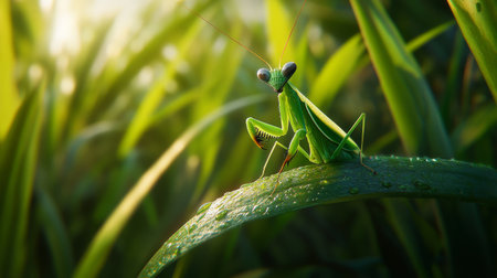 A detailed close-up of a green praying mantis perched on a dewy leaf, capturing the essence of nature's beauty and tranquility. The image showcases vibrant colors and fine textures.の素材