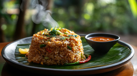 A steaming serving of spicy fried rice presented on a banana leaf with a rich side sauce. Perfect for food lovers seeking vibrant flavors in a natural setting.の素材