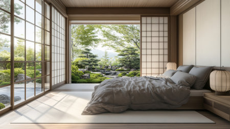 Capture the essence of tranquility in this Japanese bedroom featuring soft bedding, wooden decor, and views of a serene garden, perfect for relaxation and peace.の素材