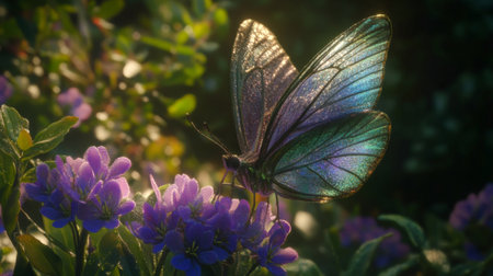 A stunning close-up of a colorful butterfly perched on purple flowers captures the beauty of nature, showcasing vibrant colors and delicate details.の素材