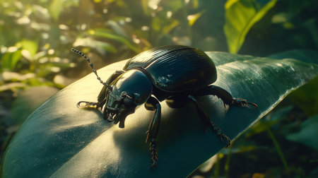 A detailed close-up of a black beetle perched on a green leaf, showcasing the vibrant colors and textures of nature, perfect for wildlife and macro photography enthusiasts.の素材