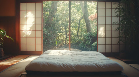 A serene Japanese minimalist room featuring a soft mattress in front of sliding doors. The lush garden view enhances the tranquil atmosphere and natural light.の素材