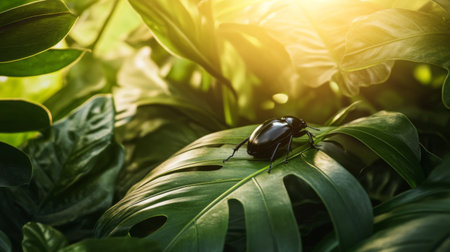 A detailed close-up of a black beetle resting on a lush green leaf, illuminated by soft sunlight. The vibrant tropical setting showcases the beauty of nature.の素材
