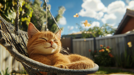 A serene scene featuring a fluffy orange cat peacefully sleeping in a hammock, surrounded by nature's beauty and fluttering butterflies under a bright blue sky.の素材