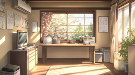 A tranquil and inviting home office filled with natural light, featuring a stylish desk, comfortable furniture, and a peaceful view of greenery outside.の素材