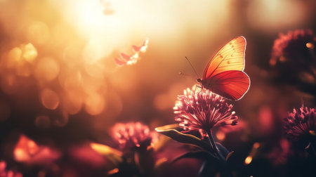 A captivating scene featuring a vibrant butterfly resting on a flower during golden hour. The soft sunlight creates a warm and enchanting atmosphere, perfect for nature lovers.の素材