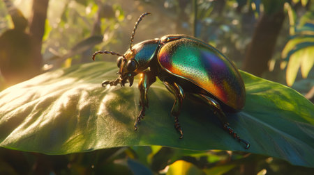 A stunning close-up of a colorful beetle perched on a lush green leaf, illuminated by soft sunlight. This vibrant scene captures the beauty of nature.の素材