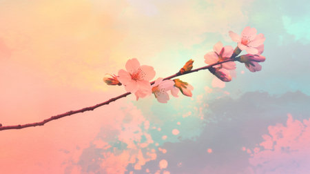 A beautiful cherry blossom branch featuring delicate pink flowers against a soft, colorful background, creating a serene and tranquil atmosphere perfect for spring themes.の素材