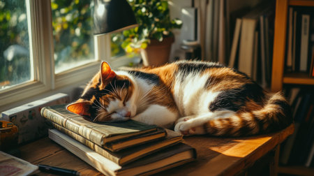 A serene scene featuring a cat peacefully napping on a stack of books. Sunlight streams through the window, creating a warm and cozy atmosphere.の素材