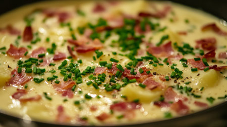 Savory creamy potato soup enriched with crispy bacon and fresh chives. Perfect for comfort dining, this hearty dish is a delightful meal for any occasion.の素材