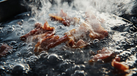 This captivating image shows sizzling bacon frying in hot oil, surrounded by steam and bubbling bubbles, highlighting the savory cooking process in a kitchen setting.の素材