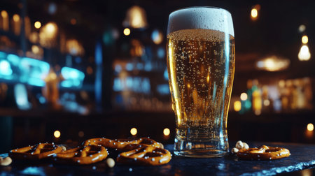 A close-up image of a cold, refreshing beer glass with frothy head beside crispy pretzels, set in a lively bar environment with ambient lighting.の素材