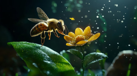 A stunning close-up of a bee hovering near a bright yellow flower in a vibrant garden setting. Sunlight creates a magical atmosphere, highlighting nature's beauty.の素材